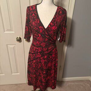 Dressbarn 3/4 Sleeve V-Neck Faux Wrap Dress, Size 8, Red & Black, NWT